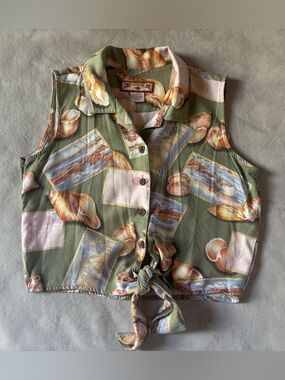 Caribbean Joe Shell Print Tie Front Crop Top Coastal Beachy Vintage Style L